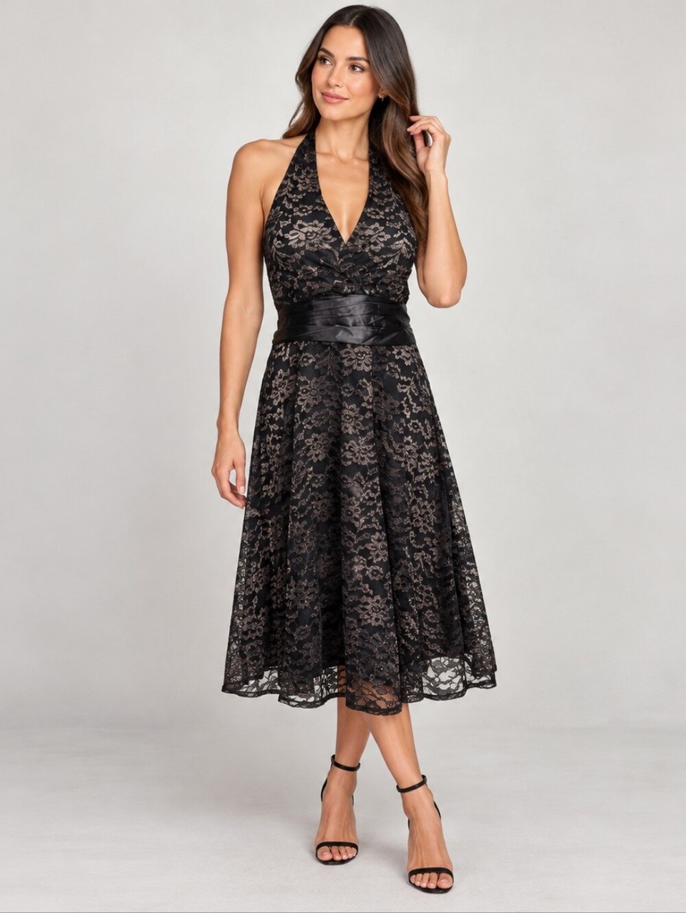 Vintage Roulette Halter Lace Midi Dress Sz 14 Black Satin Tie Goth Prom Wedding